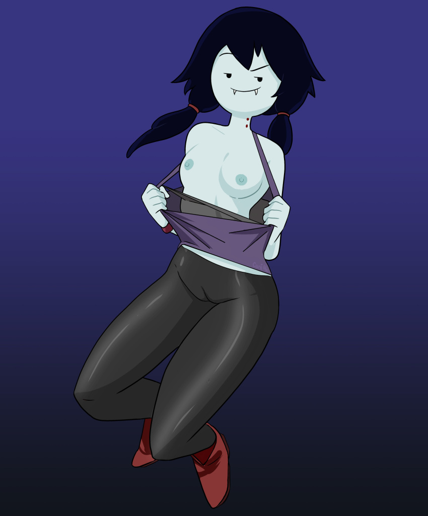 1girl 1girl adventure_time breasts_out cani_(artist) cartoon_network flashing flashing_breasts gradient_background leggings marceline nipples small_breasts smile tank_top topless twin_tails vampire