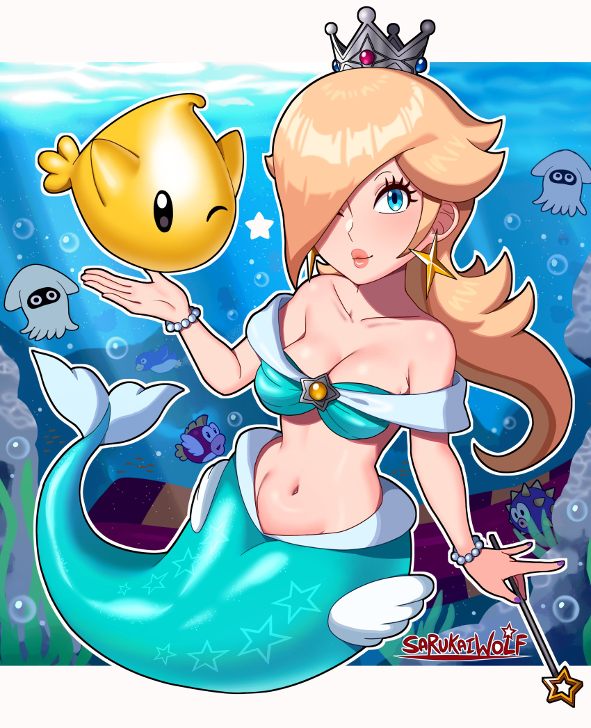 1girl 2023 air_bubbles aqua_eyes artist_name bangs bare_shoulders belly big_breasts blonde_hair blooper blue_bra blue_eyes blue_scales blue_tail bra bracelet bracelets breasts bubble cheep_cheep cleavage collarbone curvaceous curvy detailed_background digital_media_(artwork) earrings eyelashes eyeliner female_focus female_only fin fins fish hair hair_over_one_eye high_res holding holding_object light-skinned_female light_skin lips long_hair looking_at_viewer luma mario_(series) mermaid mermaid_tail monster_girl nail_polish navel nintendo ocean one_eye_closed one_eye_obstructed pearl_bracelet princess_rosalina purple_nails sarukaiwolf scales sea seashell seashell_bra seaweed solo_female solo_focus squid star star_earrings super_mario_galaxy swimming tail tail_fin underwater wand water watermark wide_eyed wide_hips wink wristwear