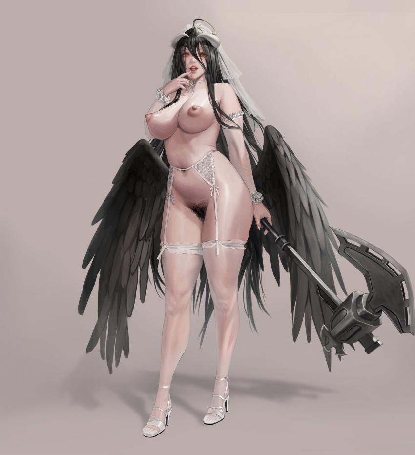 1girl albedo_(overlord) big_ass big_breasts horns janggun lingerie platform_shoes pubic_hair seductive succubus wedding_lingerie wings