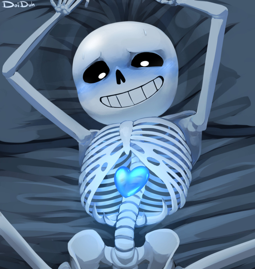 animated_skeleton arms_up blue_blush blush blushing bottom_sans completely_naked completely_nude doiduh hands_over_head hands_up heart legs_apart legs_spread looking_at_viewer monster naked nude sans sans_(undertale) skeleton solo soul spread_legs sweat sweating uke_sans undead undertale undertale_(series)