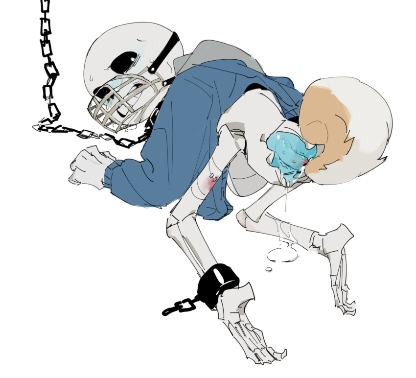 2020s 2022 all_fours anal anal_plug animated_skeleton ankle_cuffs bandage bottom_sans bottomless butt_plug chains dog_tail hoodie looking_back monster muzzle_(object) object_insertion sans sans_(undertale) skeleton solo toubigaizi uke_sans undead undertale undertale_(series) white_background