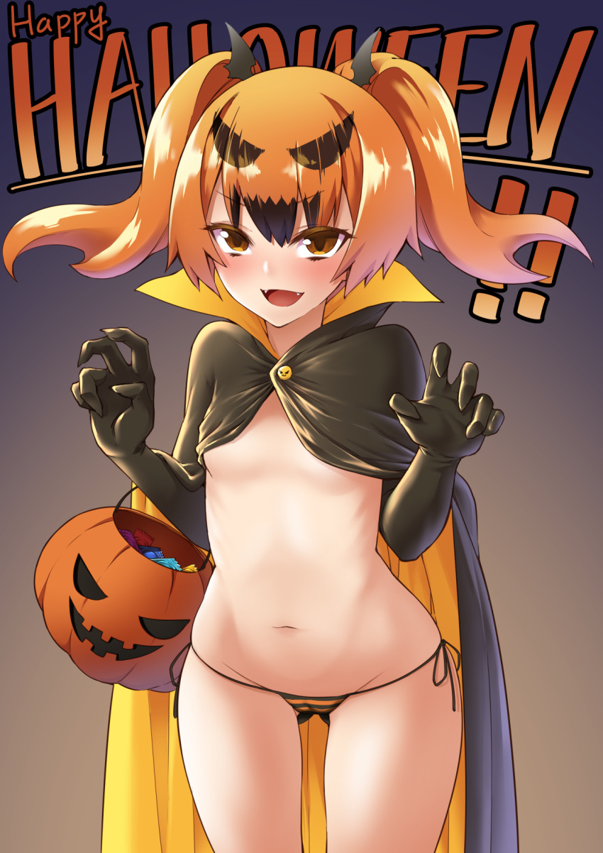 !! &gt;:d 1girl :d bag black_cape black_gloves black_ribbon blush brown_eyes brown_hair cape claw_pose condom_wrapper cowboy_shot elbow_gloves english_text fan_(f.w.zholic) fangs gloves gluteal_fold gradient gradient_background groin happy_halloween high_res long_hair looking_at_viewer multicolored_hair navel open_mouth orange_hair original panties ribbon side-tie_panties small_breasts smile standing stomach streaked_hair striped striped_panties text topless twin_tails underwear v-shaped_eyebrows