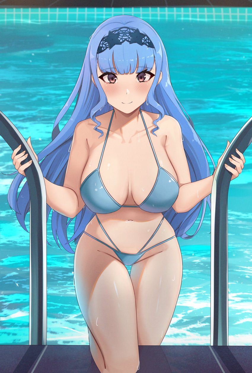 1girl alluring alternate_costume alternate_hairstyle bangs bare_legs bare_shoulders big_breasts bikini blue_bikini blue_hair blue_swimsuit blush breasts brown_eyes camilitrox_cr cleavage climbing collarbone eyelashes female_only fire_emblem fire_emblem:_three_houses fire_emblem_warriors:_three_hopes high_res legs long_hair looking_at_viewer marianne_von_edmund medium_breasts navel nintendo official_alternate_hairstyle on_one_knee pool pool_ladder smile swimming_pool swimsuit water