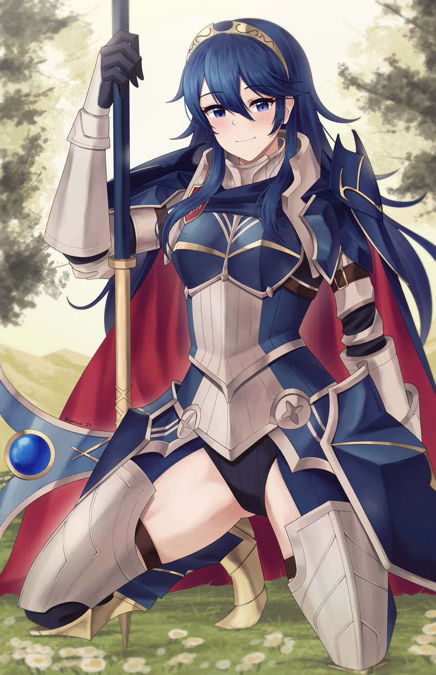 1girl alluring armor axe black_leotard blue_cape blue_eyes blue_hair breastplate cape closed_mouth doiparuni faulds fire_emblem fire_emblem_awakening fire_emblem_heroes high_res holding holding_axe leotard long_hair looking_at_viewer lucina lucina_(fate's_resolve)_(fire_emblem) lucina_(fire_emblem) nintendo no_pants official_alternate_costume outside red_cape smile symbol_in_eye tiara