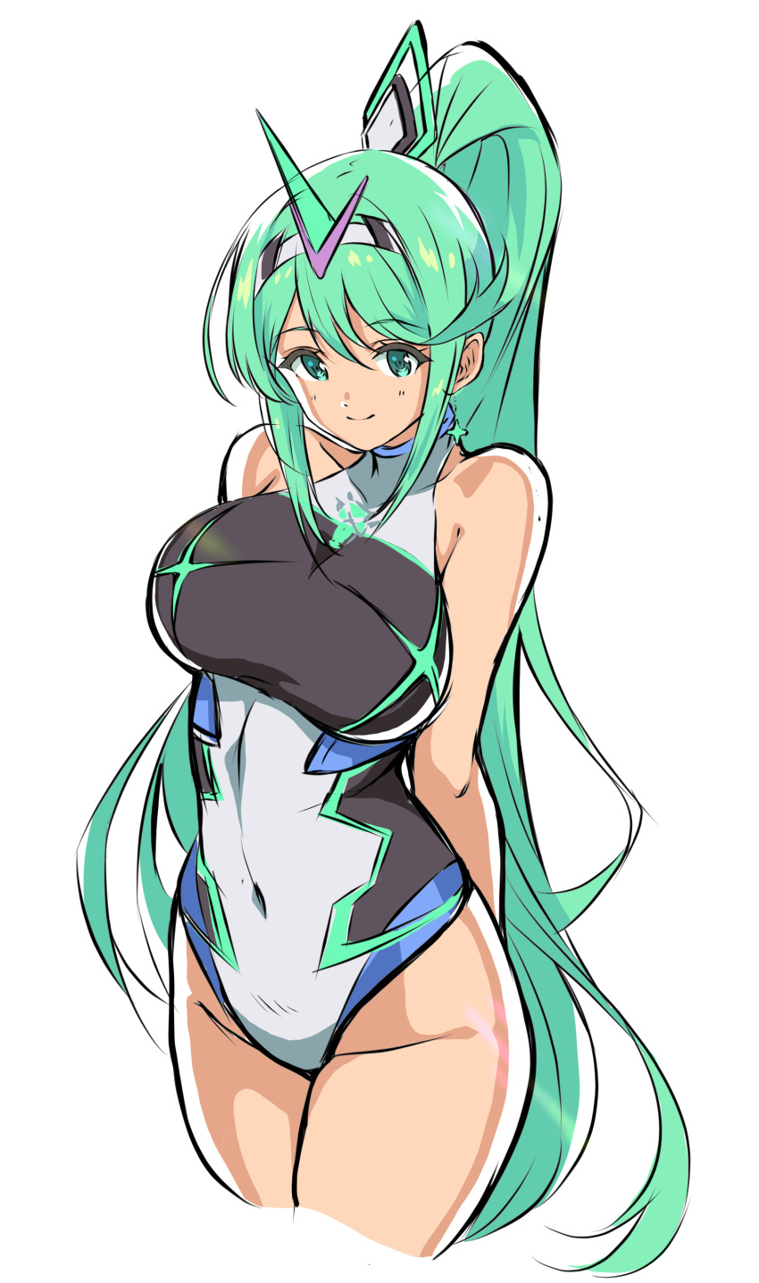 1girl 1girl 1girl absurd_res alluring bangs bare_arms bare_legs bare_shoulders big_breasts breasts competition_swimsuit covered_navel cowboy_shot earrings green_eyes green_hair high_res jewelry long_hair long_ponytail looking_at_viewer nintendo one-piece_swimsuit pneuma_(xenoblade) ponytail simple_background smile swept_bangs swimsuit tiara very_long_hair white_background xenoblade_(series) xenoblade_chronicles_2 yuuuun0218