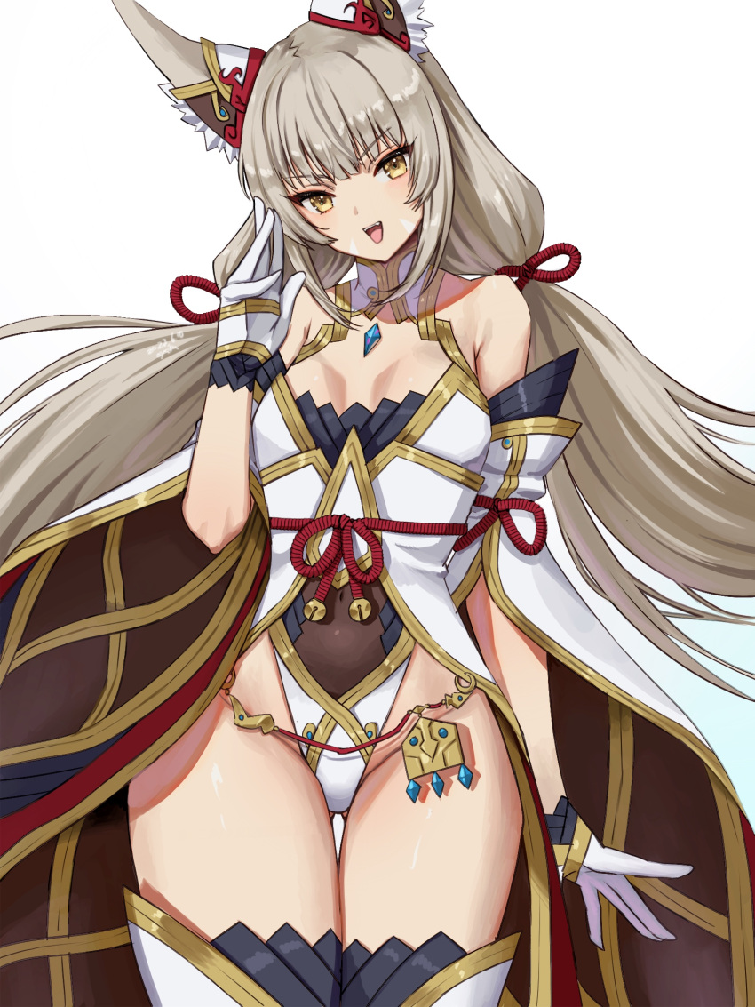 1girl absurd_res alluring bare_shoulders boots breasts cat_ears cat_girl child_bearing_hips core_crystal curvy detached_sleeves facial_markings fangs female_only grey_hair high_res japanese_clothes leotard long_hair looking_at_viewer midriff navel nia nia_(blade)_(xenoblade) nia_(xenoblade) nintendo open_mouth oyasu_(kinakoyamamori) simple_background small_breasts stockings thick_thighs thigh_high_boots thighs twin_tails very_long_hair voluptuous white_boots white_leotard white_thighhighs wide_hips xenoblade_(series) xenoblade_chronicles_2 yellow_eyes