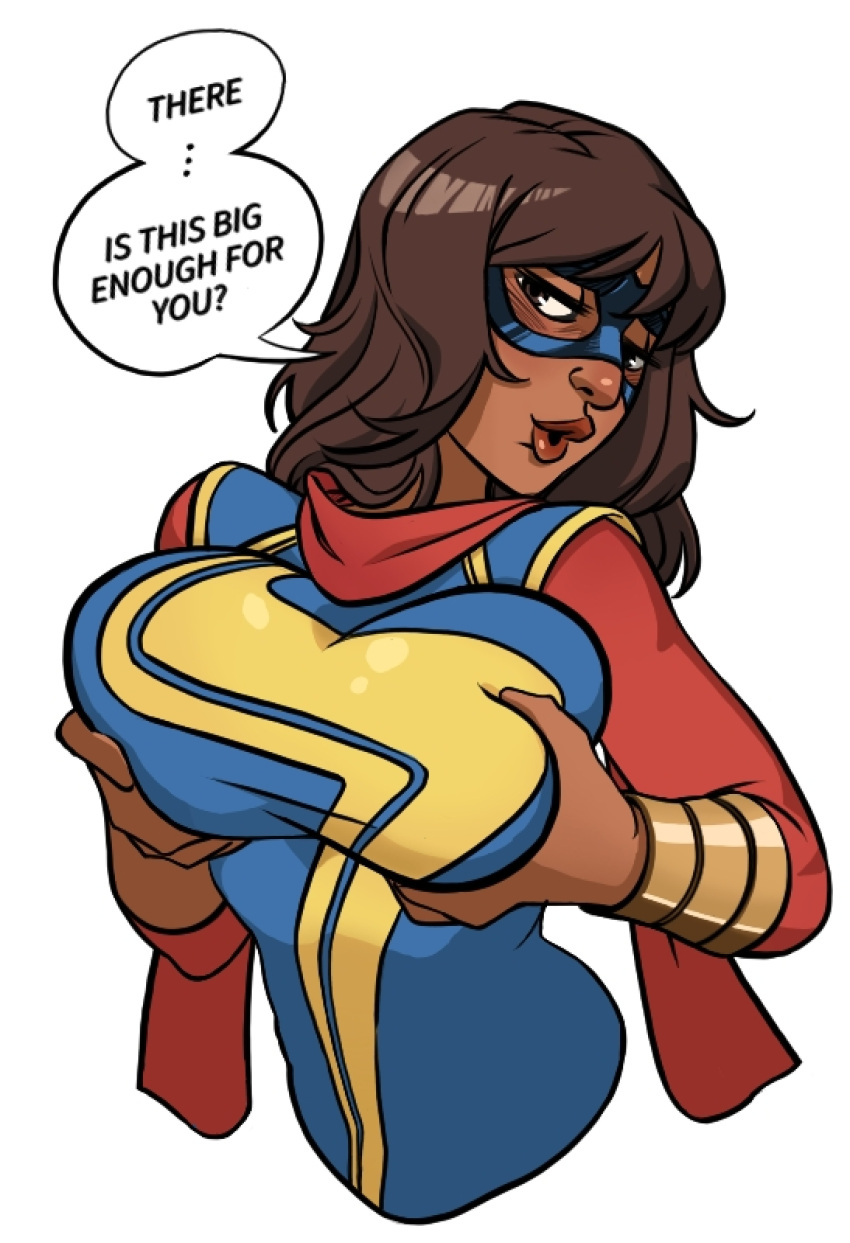 1girl big_breasts bracelet breasts brown_eyes brown_hair brown_skin brown_skinned_female clothed_female cosplay dialogue_bubble elastic elastic_body english_text enlarged_breasts female_focus female_only flirting flirting_look flirting_with_viewer groping_breasts high_res holding_breast kamala_khan long_hair looking_at_viewer marvel marvel_comics mask masked masked_female ms._marvel muslim muslim_female older older_female pakistani pakistani_female scarf soft_breasts solo_female solo_focus speech_bubble squeezing_breast superheroine tagme teen teenage_girl text white_background young_adult young_adult_female young_adult_woman