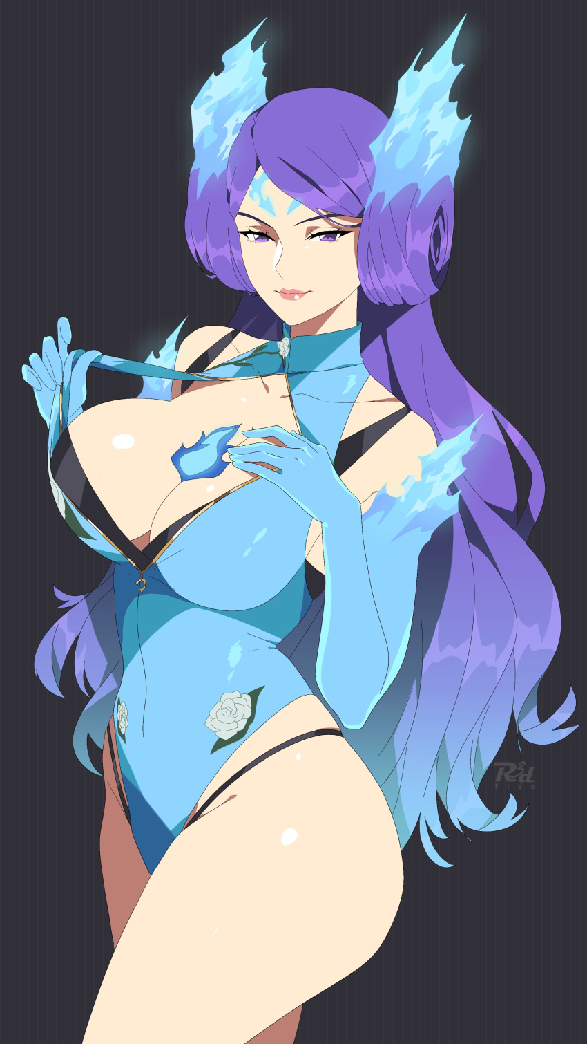1girl absurd_res alluring artist_name bare_legs big_breasts blue_gloves blue_hair blue_leotard brighid_(xenoblade) closed_mouth collarbone covered_collarbone elbow_gloves eyelashes facial_mark fiery_hair forehead_mark gloves gradient_hair grey_background high_res highleg highleg_leotard leotard leotard_pull long_hair looking_at_viewer multicolored_hair nintendo pink_lips print_leotard purple_eyes purple_hair r3dfive simple_background smile standing striped_background two-tone_hair two_tone_hair xenoblade_(series) xenoblade_chronicles_2