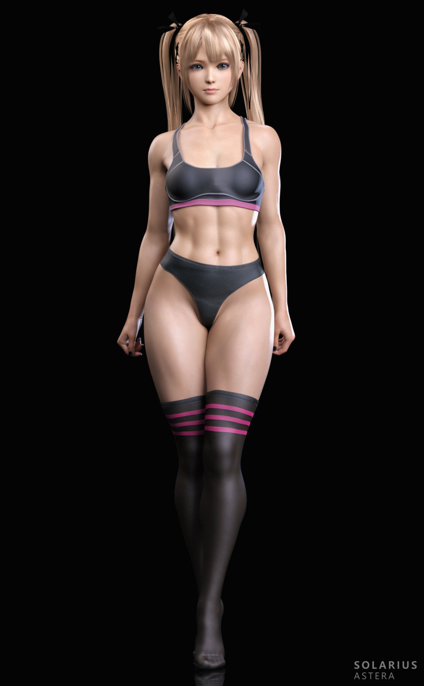1girl 3d abs alluring athletic_female black_background blonde_hair blue_eyes bra dead_or_alive dead_or_alive_6 dead_or_alive_xtreme dead_or_alive_xtreme_2 dead_or_alive_xtreme_3 dead_or_alive_xtreme_3_fortune dead_or_alive_xtreme_beach_volleyball dead_or_alive_xtreme_venus_vacation female_abs female_only fit_female legwear marie_rose panties petite simple_background small_breasts solarius_astera sports_bra stockings thick_thighs twin_tails