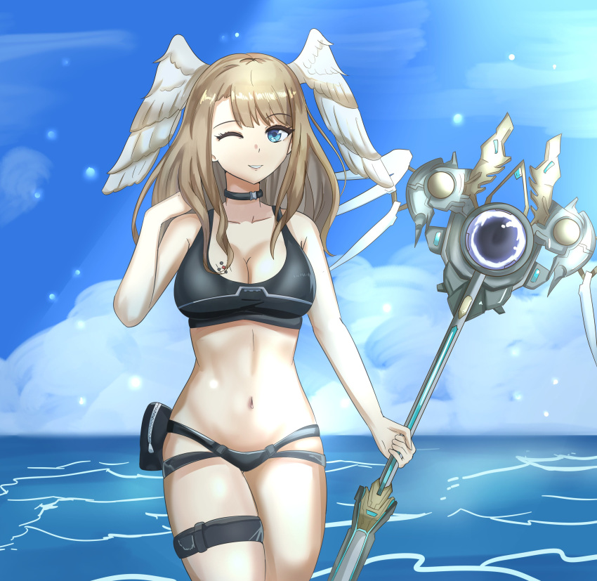 1girl 1girl absurd_res alluring bangs big_breasts bikini black_choker blue_eyes breast_tattoo breasts choker cleavage cloud eunie_(xenoblade) eyebrows_visible_through_hair high_res holding holding_weapon long_hair looking_at_viewer nintendo one_eye_closed sky swimsuit tattoo thighs water weapon white_wings wings xenoblade_(series) xenoblade_chronicles_3