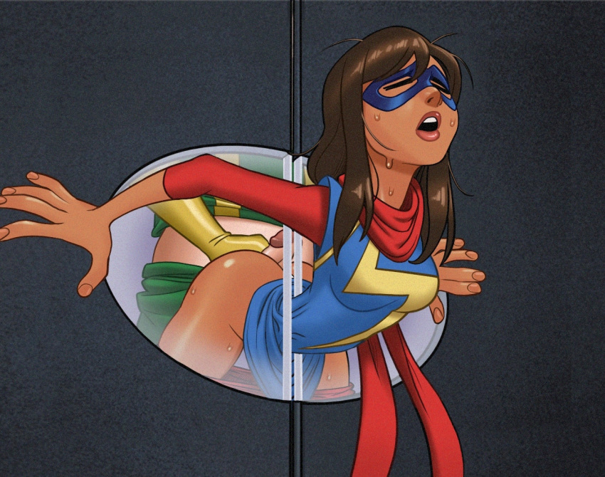 1boy 1girl bottomless brown_hair brown_skin brown_skinned_female clothed_female cosplay dark-skinned_female dark_skin door eyemask henchmen high_res hydra_(marvel) kamala_khan long_hair male male/female marvel marvel_comics mask ms._marvel older older_female pants_around_legs pants_down pants_pulled_down penis penis_out rape raped_by_enemy raped_superheroine scarf stuck_in_door superhero superheroine sweat sweating teen teenage_girl trapped villain young_adult young_adult_female young_adult_woman