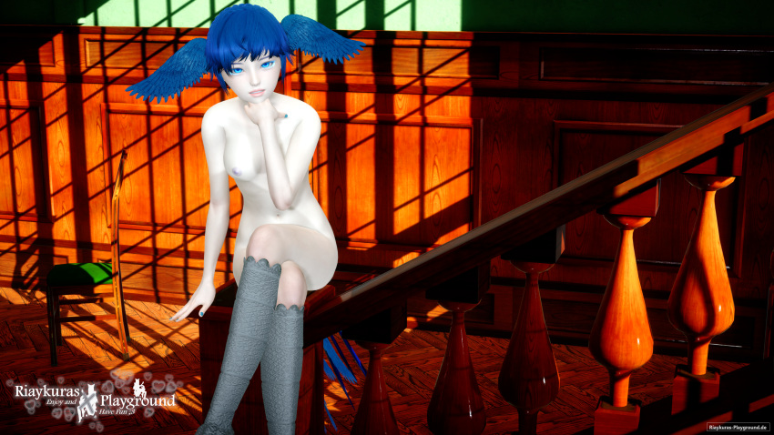 1girl 1girl 3d 3d_model avian_humanoid bird_feet bird_girl blue_eyes blue_hair breasts breasts crossed_legs female_only final_fantasy final_fantasy_xiv harpy high_res high_res high_resolution naked_female nude nude nude_female riaykuras_playground sitting solo_female stairs wings wings_on_head
