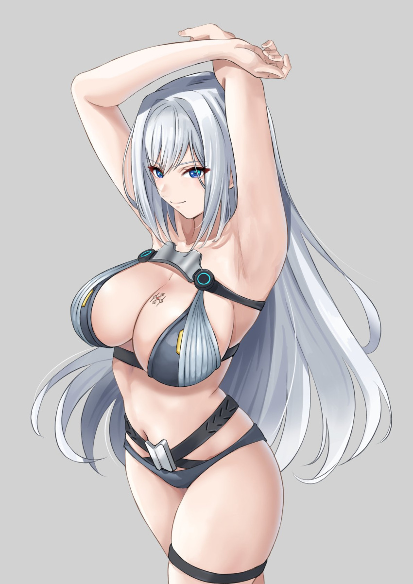 1girl alluring arms_up bare_legs big_breasts bikini blue_eyes breast_tattoo breasts cleavage ethel_(xenoblade) high_res long_hair midriff navel nintendo silver_hair smile swimsuit xenoblade_(series) xenoblade_chronicles_3 yuuuun0218