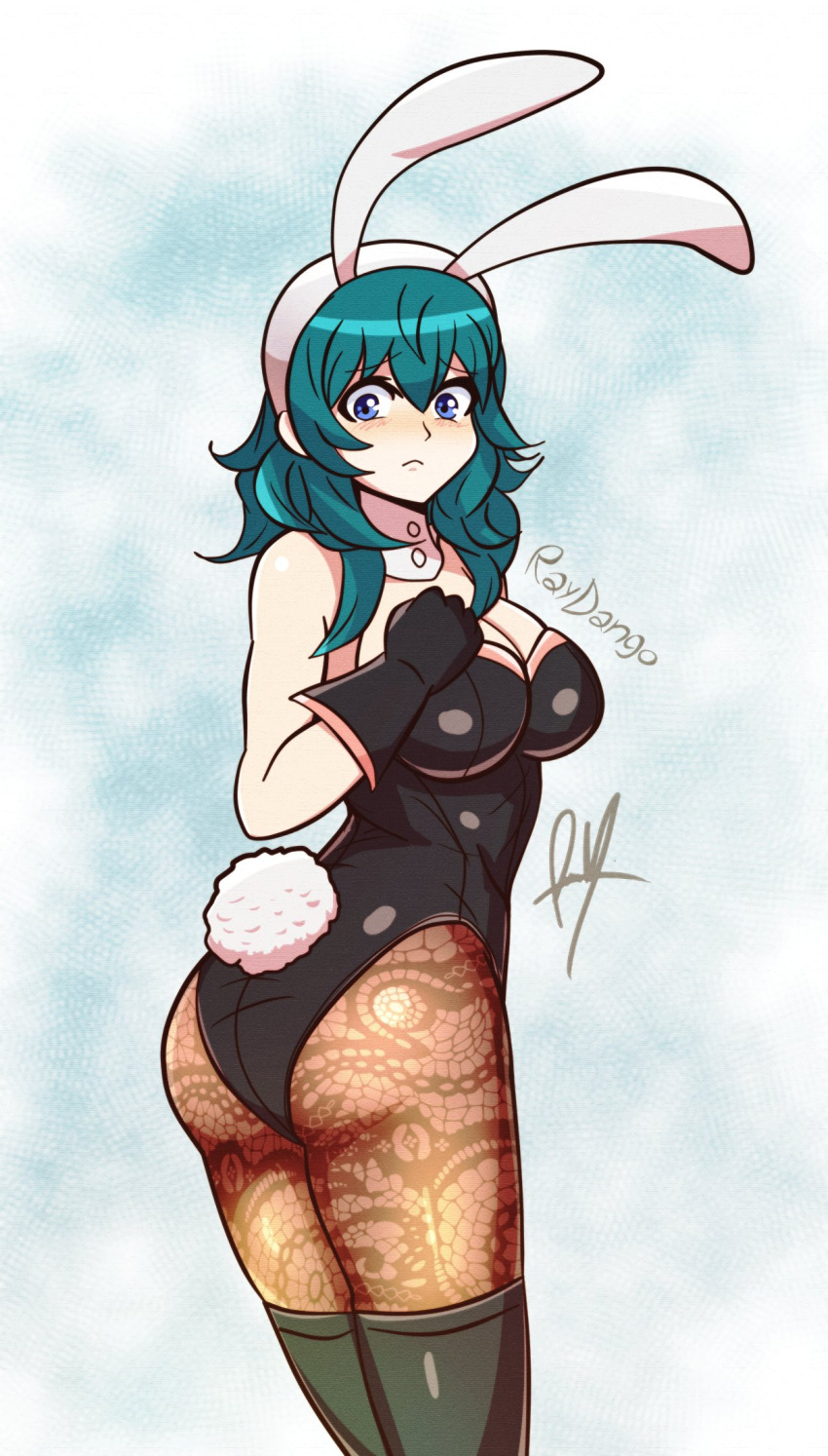 1girl alluring ass bare_arms big_breasts blue_eyes boots bunny_ears bunny_girl bunny_tail bunnysuit byleth_(fire_emblem) byleth_(fire_emblem)_(female) cleavage embarrassed fire_emblem fire_emblem:_three_houses gloves leggings nintendo raydango sad solo_female source_request stockings teal_hair