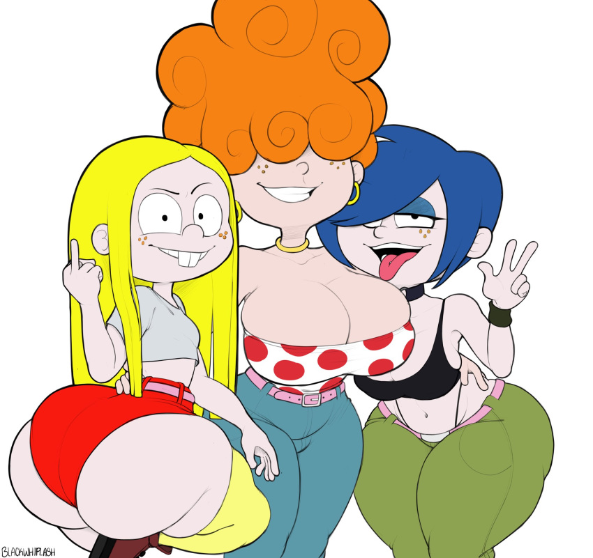 3girls ass big_ass big_breasts blackwhiplash blonde_female blonde_hair blue_hair breasts cartoon_network choker cleavage daisy_dukes dat_ass earrings ed,_edd,_'n'_eddy eyeshadow female female_only freckles hands_on_hips hoop_earrings huge_ass kanker_sisters lee_kanker looking_at_viewer looking_back marie_kanker may_kanker medium_breasts middle_finger necklace open_mouth orange_hair short_shorts sisters small_breasts stockings tagme thick_thighs thong tongue_out tubetop v wide_hips