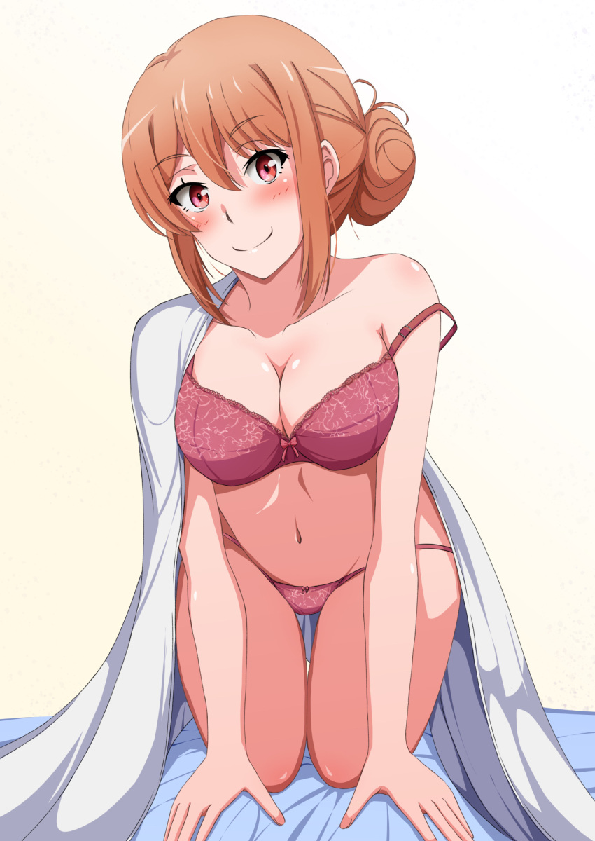 1girl 1girl all_fours alluring blanket blush bow bow_bra bra breasts cleavage closed_mouth collarbone hair_bun high_res konoyan lace lace-trimmed_bra lace_panties lace_trim looking_at_viewer mature_female medium_breasts milf navel orange_hair panties pink_bra pink_panties red_eyes short_hair_with_long_locks simple_background single_bare_shoulder single_hair_bun smile strap_slip string_panties thigh_gap thighs under_covers underwear underwear_only white_background yahari_ore_no_seishun_lovecome_wa_machigatteiru. yuigahama_yui's_mother