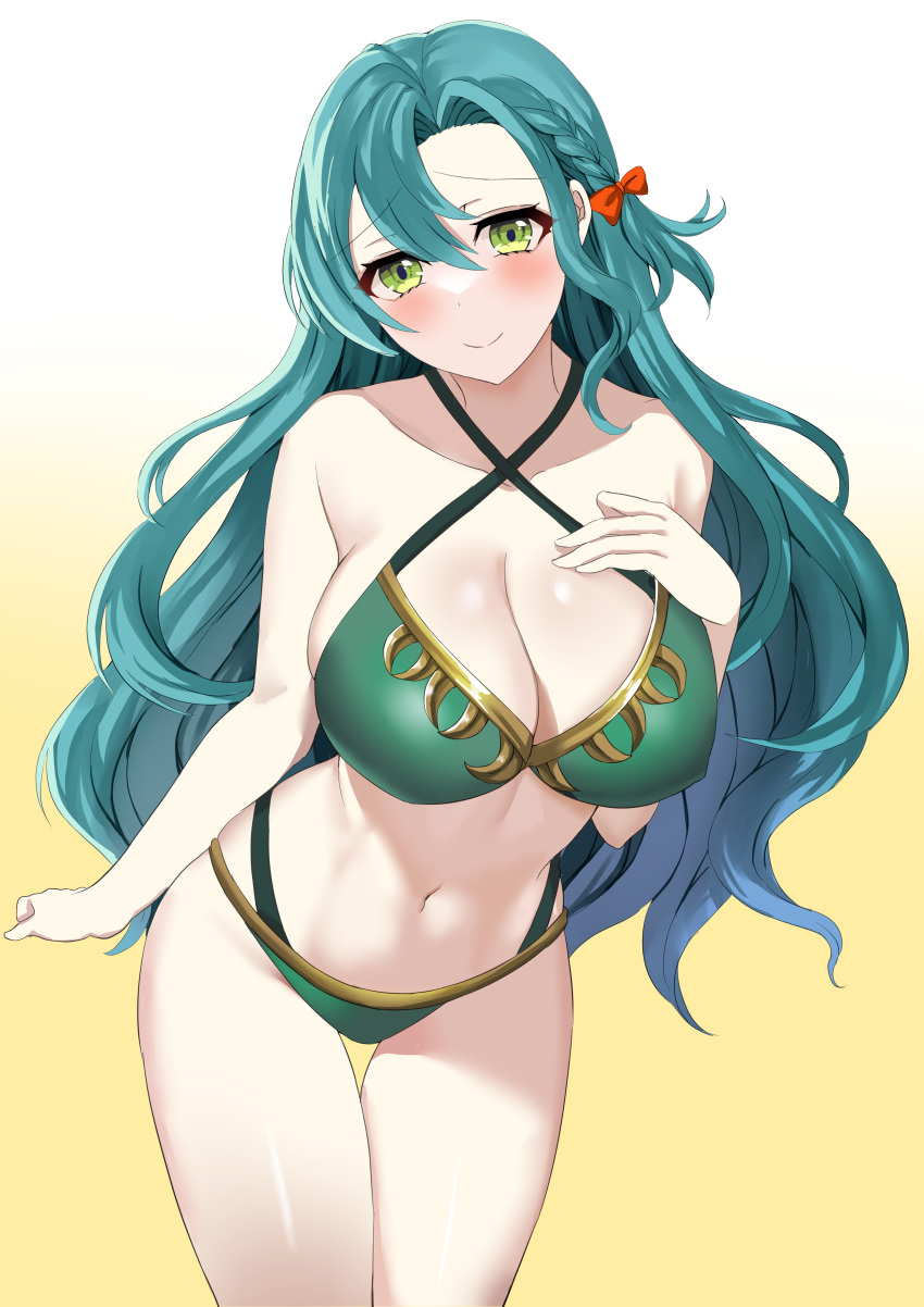 1girl 1girl 1girl absurd_res alluring alternate_costume aqua_hair bare_arms bare_shoulders big_breasts bikini blue_hair blush bow breasts chloe_(fire_emblem) cleavage commentary_request cowboy_shot criss-cross_halter female_only fire_emblem fire_emblem_engage gradient_background green_bikini green_eyes green_swimsuit hair_between_eyes hairbow halterneck hand_on_own_chest head_tilt high_res long_hair looking_at_viewer navel nintendo official_alternate_costume orange_bow simple_background sketch smile standing stomach swimsuit tara_(szzj7733) thighs very_long_hair white_background yellow_background
