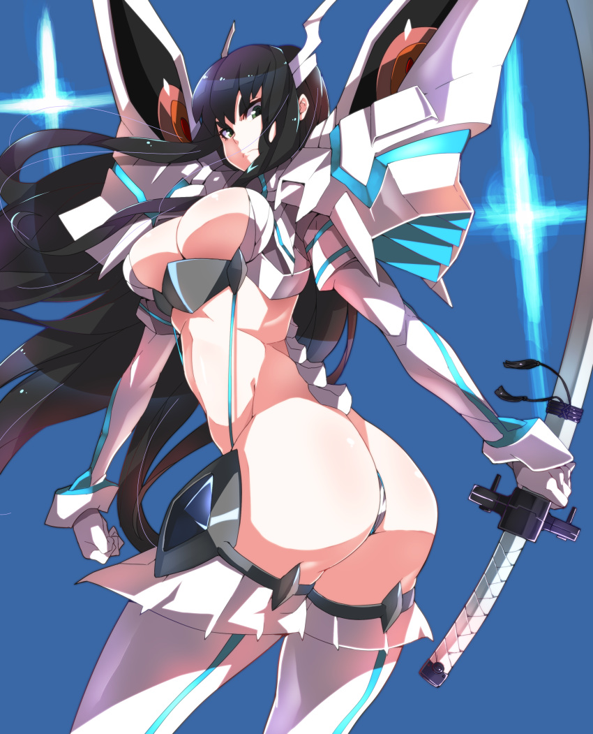 1girl absurdres ass black_hair blue_background breasts elbow_gloves eyebrows frown gloves green_eyes highres junketsu katana kill_la_kill kiryuuin_satsuki large_breasts long_hair looking_at_viewer makai revealing_clothes solo sword thighhighs thong weapon white_gloves white_legwear