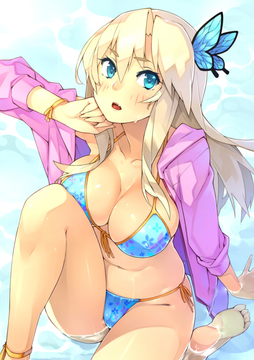 23_(real_xxiii) anklet arm_support barefoot big_breasts bikini blonde_hair blue_eyes blush boku_wa_tomodachi_ga_sukunai breasts butterfly_hair_ornament cleavage collarbone erect_nipples fang feet female_only front-tie_top hair_ornament high_res highres hood hooded_jacket jacket jewelry kashiwazaki_sena long_hair navel open_mouth partially_submerged print_bikini real_xxiii side-tie_bikini sitting sleeves_pushed_up soles solo solo_female swimsuit water