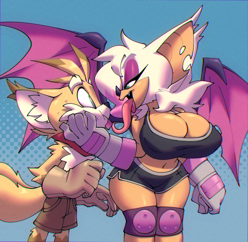 1girl 2021 2_tails anthro bedroom_eyes big_breasts bigdad bodily_fluids bottomwear breasts canid canine chiropteran cleavage clothed clothing duo face_squish fox gloves hair hair_over_eye hand_on_face handwear high_res hotpants knee_pads long_tongue male male/female mammal midriff miles_"tails"_prower multi_tail narrowed_eyes one_eye_obstructed rouge_the_bat seductive sega shorts squish sweat tongue wings