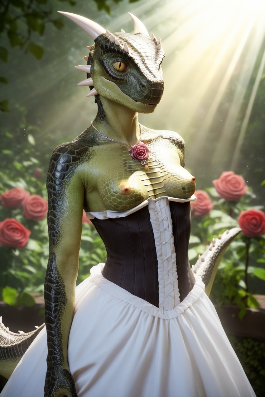 ai_generated breasts dinosaur_girl dragon_girl furry green_scales horns lizard_girl lizard_tail long_dress looking_at_viewer nipple_slip open_mouth scales showing_teeth snout spikes_(anatomy) yellow_sclera
