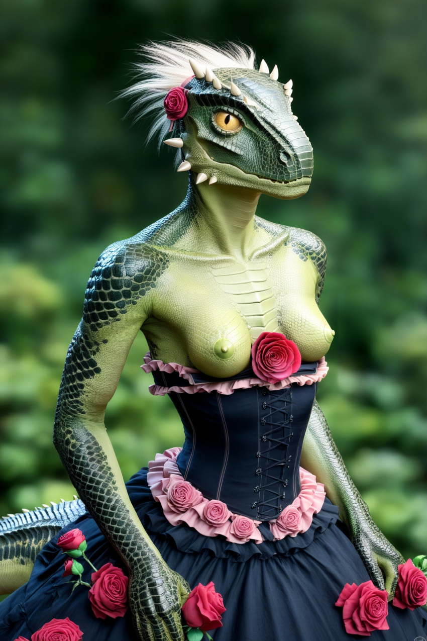 ai_generated breasts dinosaur_girl dragon_girl flower_on_head furry green_nipples green_scales horns lizard_girl lizard_tail long_dress looking_at_viewer nipples scales snout spikes_(anatomy) tail topless yellow_sclera