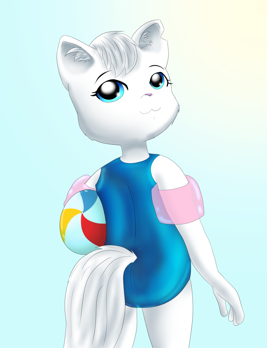 1girl anthro ball beach_ball blue_eyes chiptunebrony clothed clothing cub domestic_cat felid feline felis fur hair high_res inflatable james_patterson_(author) katt_vs._dogg looking_back mammal molly_hissleton one-piece_swimsuit rear_view swimwear water_wings white_body white_fur white_hair young