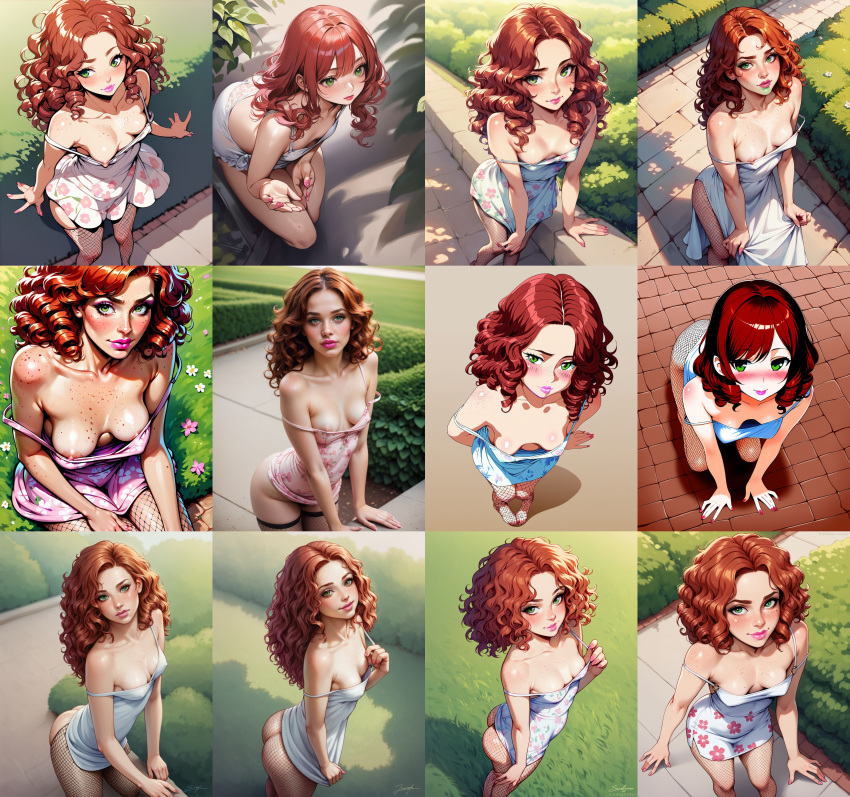 ai_generated blush blush breasts_out_of_clothes breasts_outside garden long_hair looking_at_viewer medium_hair miniskirt nipple_slip nipples pink_nipples red_hair redhead topless
