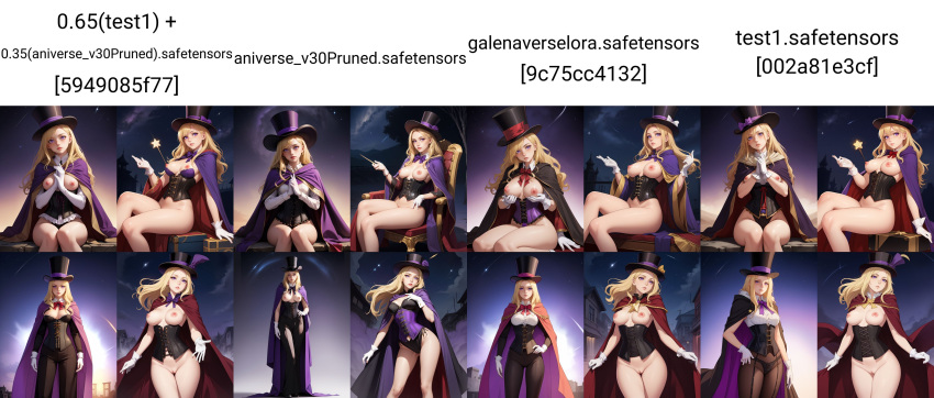 ai_generated blonde blonde_female blonde_hair breasts corset magician magician_hat nipples pink_nipples purple_eyes white_gloves wizard_robe