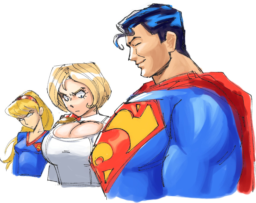 1boy 2_girls absurd_res big_breasts breast_envy breasts cape cleavage_cutout dc_comics girl_staring_at_guy's_chest_(meme) hairband high_res huge_breasts long_hair multiple_girls power_girl ratf short_hair supergirl superman superman_(series)