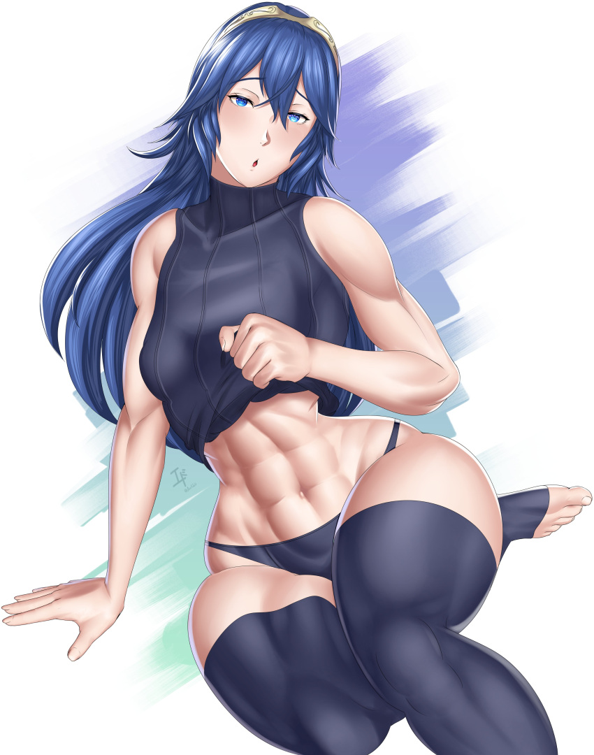 1girl 1girl 1girl abs alluring arcedo athletic_female bare_thighs blue_eyes blue_hair breasts female_abs female_only fire_emblem fire_emblem_awakening fit_female long_hair lucina lucina_(fire_emblem) nintendo pulling_up_shirt revealing_clothes stockings symbol-shaped_pupils thick_thighs thighs tiara toned_female workout_clothes