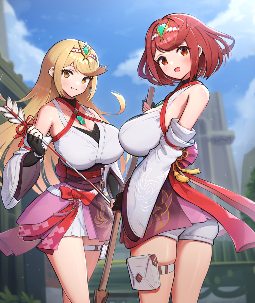 2_girls absurd_res alluring bare_shoulders big_breasts black_gloves blonde_hair blush breasts core_crystal curvy female_only fingerless_gloves glimmer_(xenoblade)_(cosplay) gloves gonzarez high_res hourglass_figure japanese_clothes kimono looking_at_viewer looking_back monolith_soft mythra nintendo pink_kimono pyra red_eyes red_hair slim_waist thick_thighs thighs white_kimono wide_hips xenoblade_(series) xenoblade_chronicles_2 xenoblade_chronicles_3 xenoblade_chronicles_3:_future_redeemed yellow_eyes