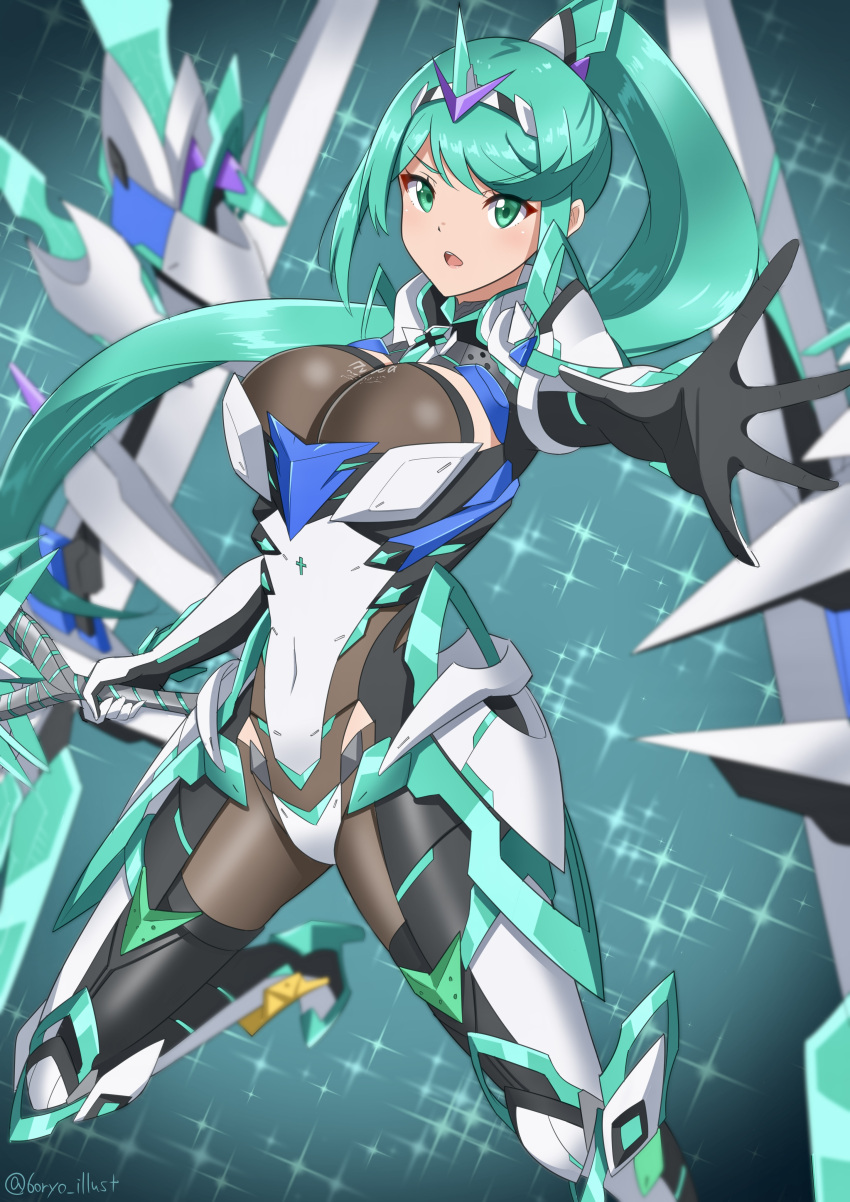 1girl absurd_res alluring armor big_breasts bodysuit cleavage covered_navel green_eyes grey_hair headband high_heels high_res holding holding_sword holding_weapon long_hair looking_at_viewer pneuma_(xenoblade) ponytail reaching reaching_towards_viewer ryochan96154 sword thighs weapon xenoblade_(series) xenoblade_chronicles_2