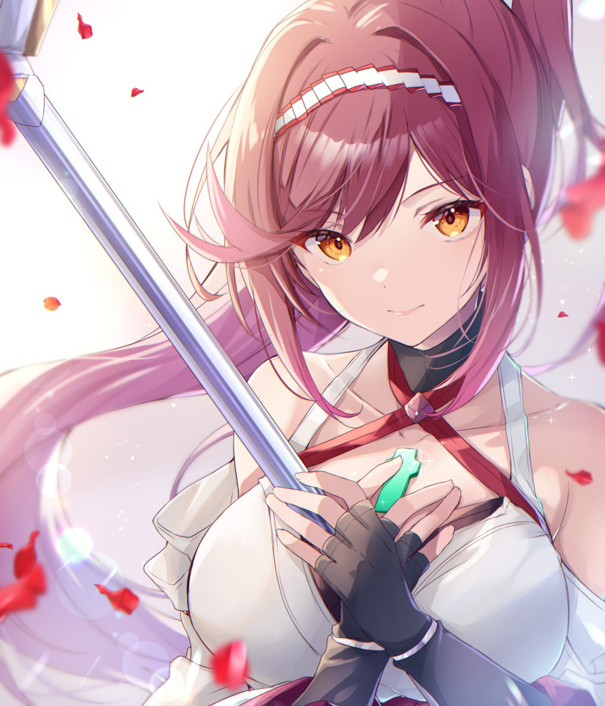 1girl alluring bare_shoulders big_breasts chest_jewel core_crystal_(xenoblade) criss-cross_halter detached_sleeves fingerless_gloves glimmer_(xenoblade) gloves hairband halterneck hands_on_own_chest high_ponytail high_res japanese_clothes kimono long_hair looking_at_viewer nintendo obi ponytail red_hair sash smile swept_bangs two-tone_hairband ui_frara upper_body white_kimono xenoblade_(series) xenoblade_chronicles_3 xenoblade_chronicles_3:_future_redeemed yellow_eyes