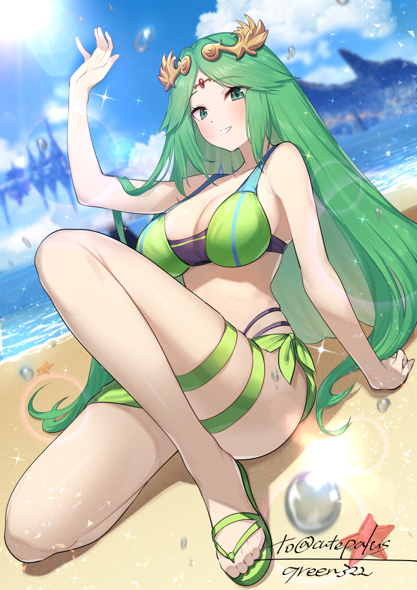 1girl 1girl absurd_res alluring arm_support arm_up artist_name beach big_breasts big_breasts bikini commission commissioner_upload cosplay dutch_angle eunie_(xenoblade)_(cosplay) feet green322 green_bikini green_eyes green_hair green_sarong high_res kid_icarus kid_icarus_uprising knee_up legs long_hair looking_at_viewer nintendo outside palutena parted_bangs sandals sarong signature sitting skeb_commission smile swimsuit thigh_strap toes very_long_hair xenoblade_(series) xenoblade_chronicles_3