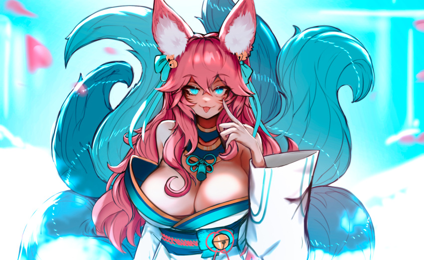 1girl ahri_(league_of_legends) akanbe animal_ear_fluff animal_ears bare_shoulders bell blue_eyes blue_tail bow breasts cleavage detached_sleeves ehrrr eyelid_pull facial_mark fox_ears fox_girl fox_tail hair_bell hair_bow hair_ornament hand_up high_res japanese_clothes league_of_legends long_hair looking_at_viewer multiple_tails nail_polish petals pink_hair spirit_blossom_ahri standing tail tongue tongue_out upper_body whisker_markings