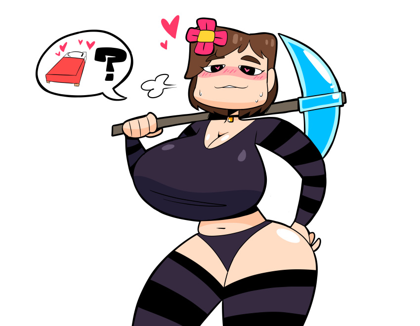 1girl big_ass big_breasts big_hips blush heart-shaped_pupils horny horny_women imminent_sex jenny_belle jenny_mod looking_at_viewer minecraft panties pickaxe striped_legwear sweat thick_thighs