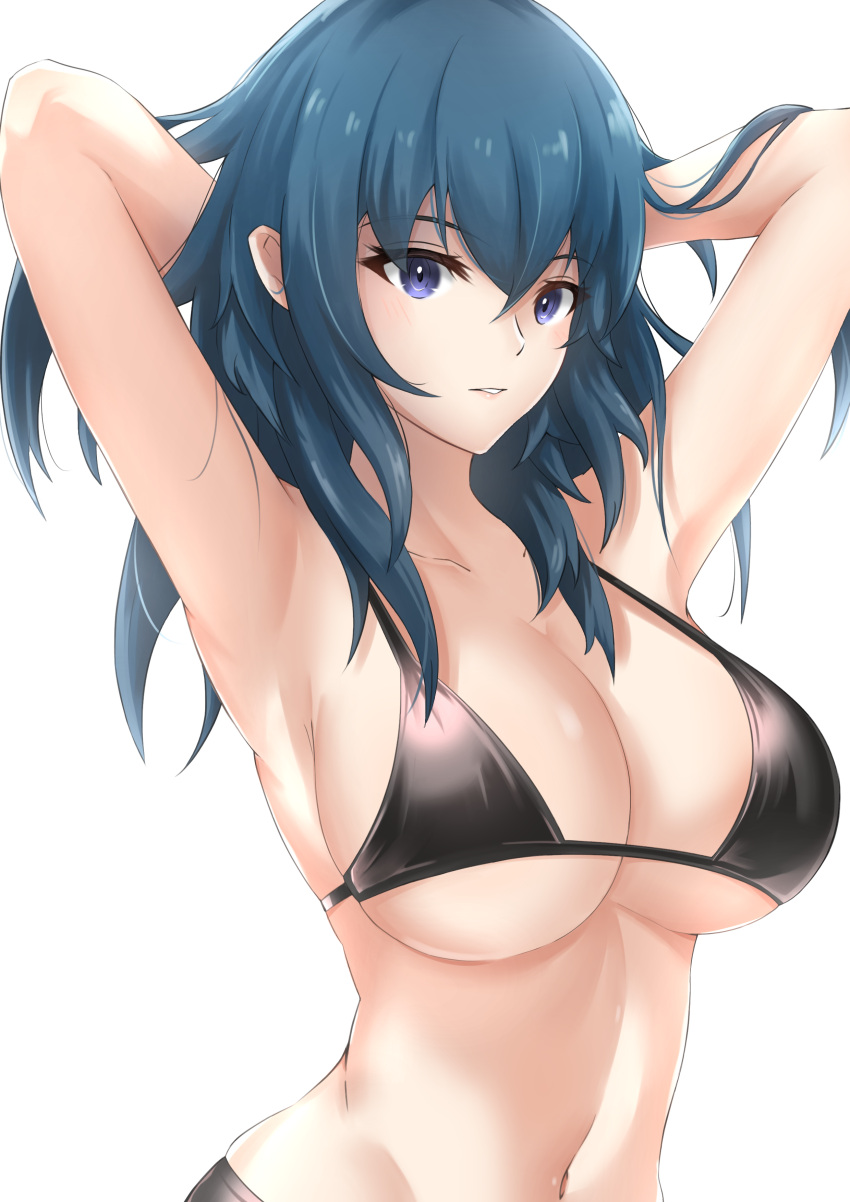 1girl 1girl absurd_res alluring arms_up bare_arms big_breasts bikini black_bikini blue_eyes breasts byleth_(fire_emblem) byleth_(fire_emblem)_(female) collarbone ega-chan fire_emblem fire_emblem:_three_houses hair_between_eyes high_res long_hair looking_at_viewer navel nintendo parted_lips simple_background stomach swimsuit teal_hair upper_body white_background