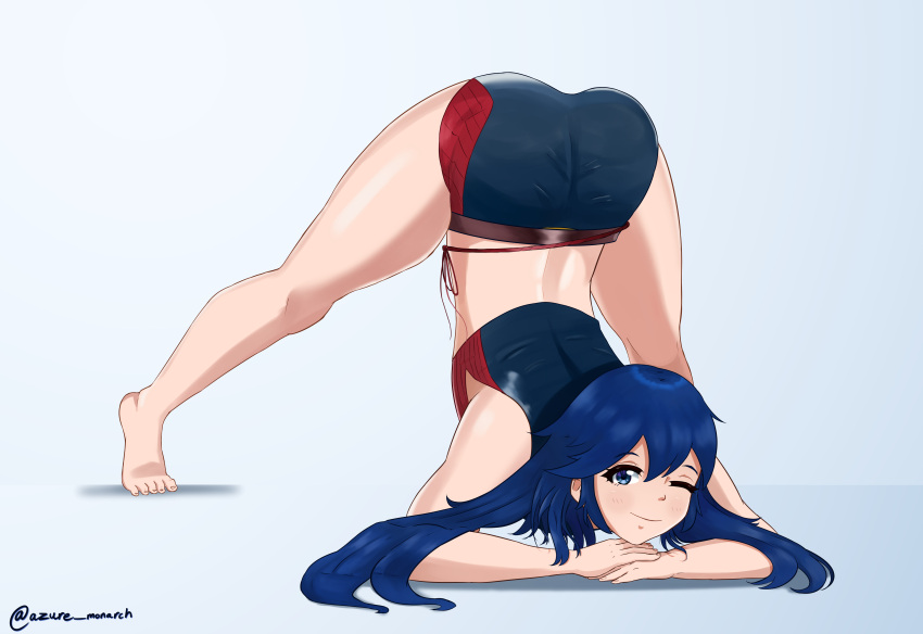 1girl 1girl ;) alluring alternate_costume ass ass_up azure_monarch bare_legs barefoot bikini blue_bikini blue_eyes blue_hair blue_swimsuit face_down_ass_up fire_emblem fire_emblem_awakening fire_emblem_cipher high_res jack-o_pose jackochallenge long_hair looking_at_viewer lucina lucina_(fire_emblem) lucina_(summer)_(fire_emblem) nintendo one_eye_closed smile spread_legs swimsuit wink