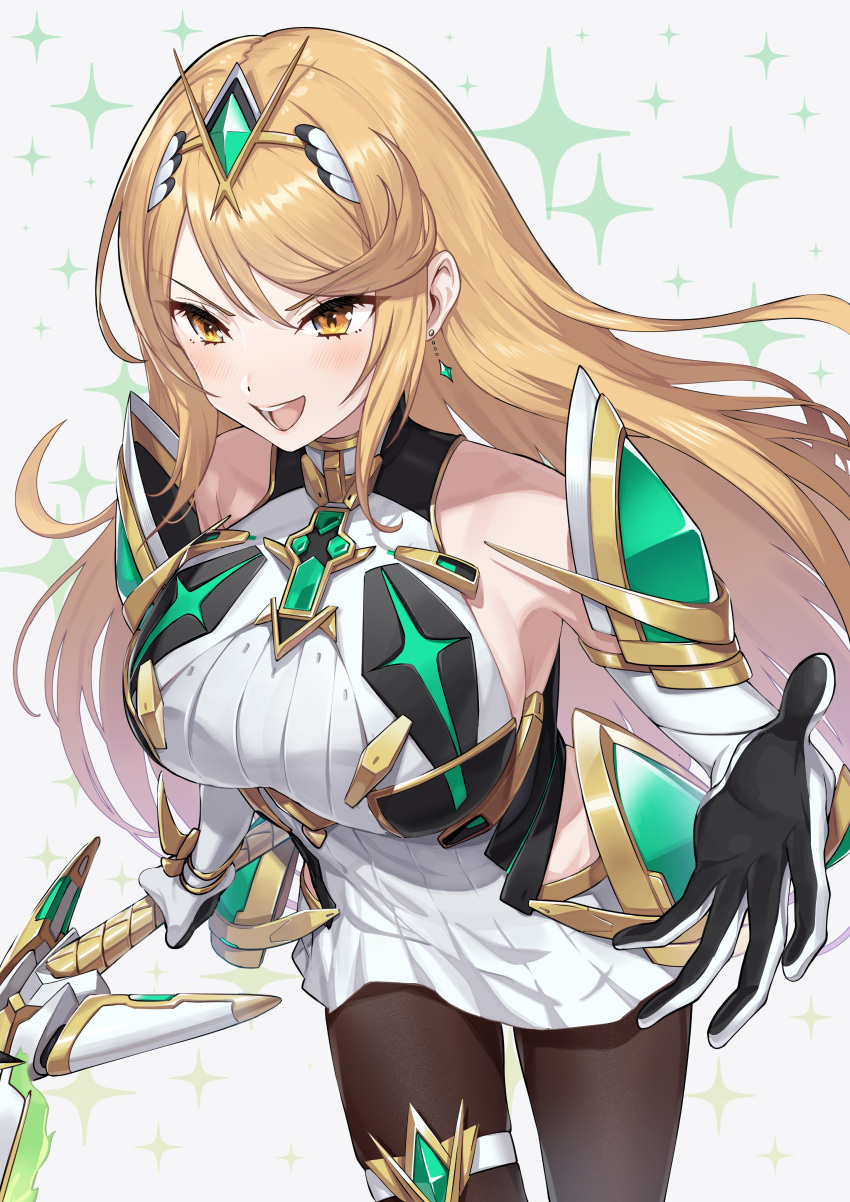 1girl 1girl absurd_res aegis_sword_(xenoblade) alluring backless_outfit bare_legs big_breasts blonde_hair blush breasts chest_jewel dress elbow_gloves gloves green322 high_res long_hair looking_at_viewer microdress mythra open_mouth smile swept_bangs sword tiara weapon white_dress white_gloves xenoblade_(series) xenoblade_chronicles_2 yellow_eyes