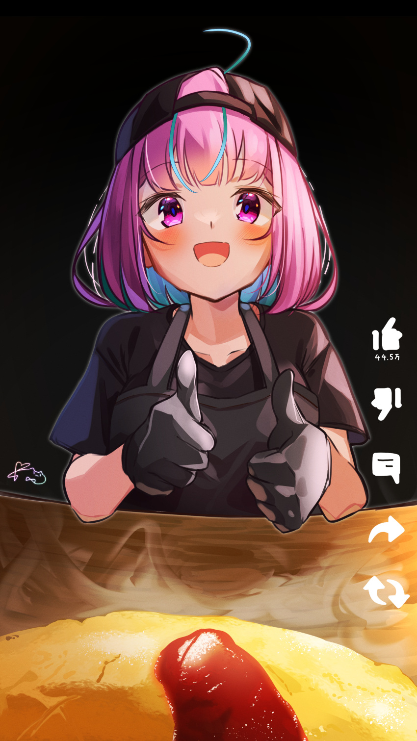 1girl absurd_res apron blush breasts female_focus fof_(fof_0016) food high_res hololive looking_at_viewer medium_hair minato_aqua open_mouth purple_eyes purple_hair thumbs_up virtual_youtuber
