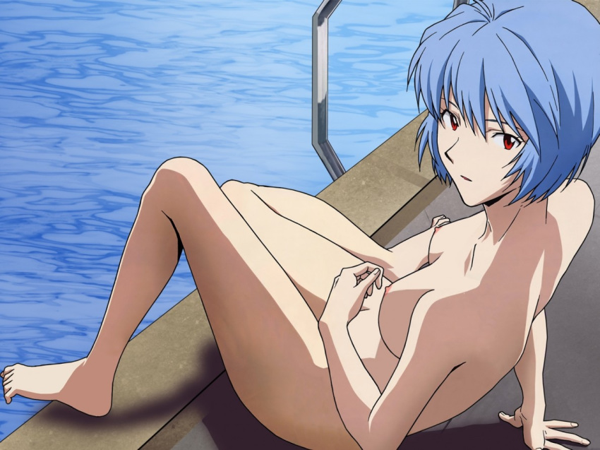 1girl absurd_res absurdres arm arm_support arms art babe back bare_back bare_legs bare_shoulders barefoot blue_hair breasts collarbone convenient_censoring female hair hair_between_eyes highres knees_together_feet_apart leaning leaning_back legs looking_at_viewer looking_back neck neon_genesis_evangelion nipples nude open_mouth parted_lips pool poolside red_eyes rei_ayanami sasaki_atsuko short_hair sitting solo water