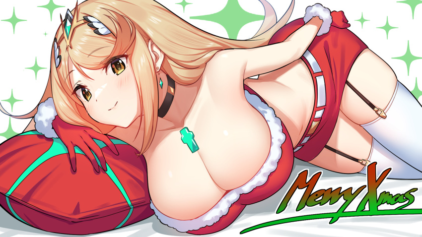 1girl alluring alternate_costume arm_rest big_breasts black_choker blonde_hair blush chest_jewel choker christmas cleavage closed_mouth crop_top cushion earrings garter_straps green322 high_res jewelry lying merry_christmas miniskirt mythra navel nintendo on_side red_skirt santa_costume skindentation skirt smile sparkle stockings tiara white_thighhighs xenoblade_(series) xenoblade_chronicles_2 yellow_eyes