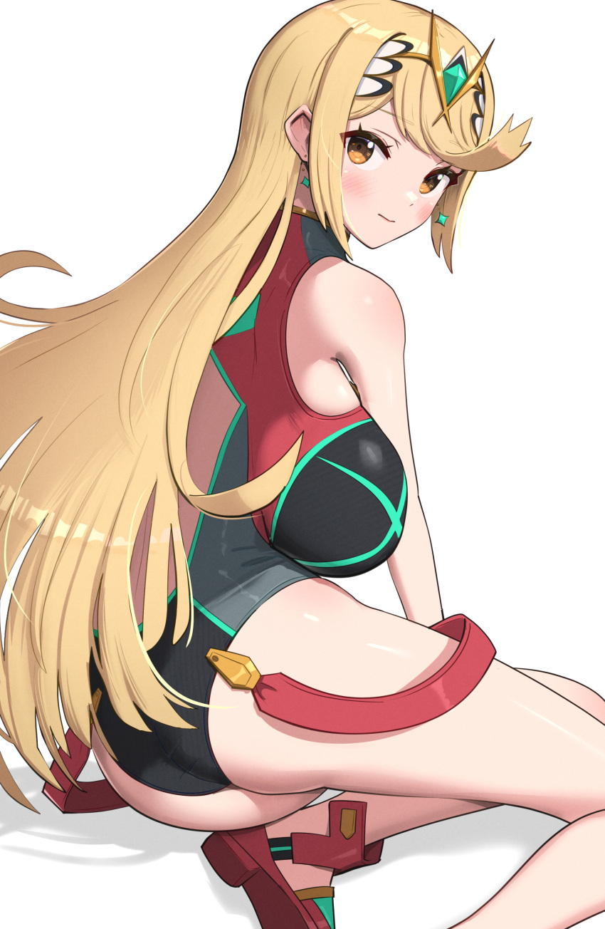 1girl 1girl alluring ass big_breasts blonde_hair breasts competition_swimsuit cosplay gold_eyes gonzarez highleg_swimsuit large_ass light-skinned_female light_skin long_hair mythra nintendo one-piece_swimsuit outfit_swap pyra_(cosplay) simple_background swimsuit thick_thighs xenoblade_(series) xenoblade_chronicles_2
