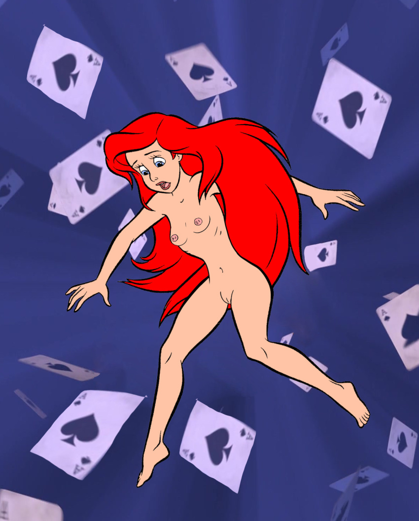 2024 barefoot blue_background blue_eyes breasts cards disney dream dreaming falling_down feet foot lipstick navel nightmare nipples open_mouth princess_ariel pussy pussy red_hair the_little_mermaid toes