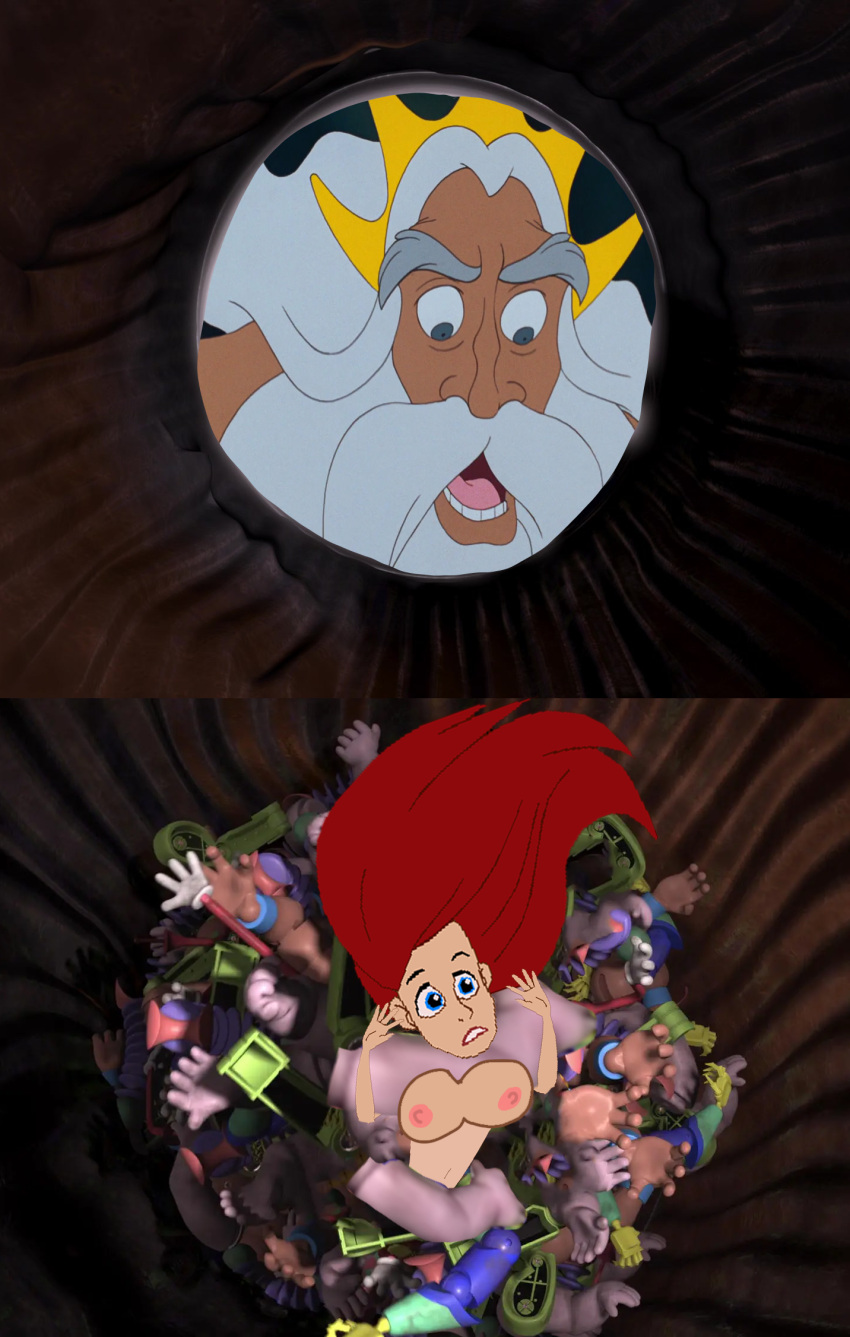 1girl arms blue_eyes breasts breasts choking crown disney dream dreaming eyebrows eyelashes grey_eyebrows king_triton lipstick male naked_female navel nightmare nipples nude open_mouth princess_ariel red_hair stuck the_little_mermaid toy_arms trash_can white_hair