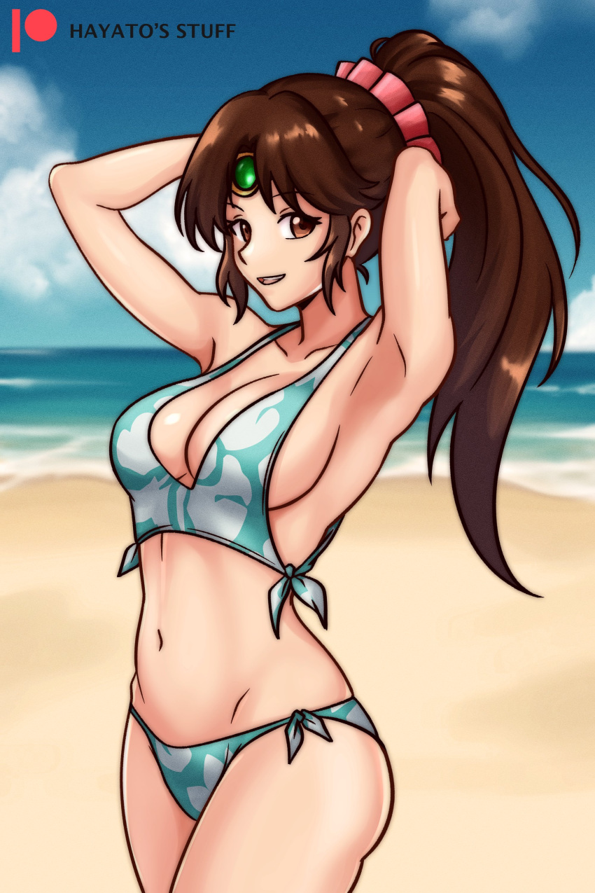 1girl 1girl 1girl alluring alternate_costume armpits beach big_breasts bikini blue_bikini blue_swimsuit breasts brown_eyes brown_hair cleavage female_only fire_emblem fire_emblem:_mystery_of_the_emblem fire_emblem:_shadow_dragon_and_the_blade_of_light hayato_stuff linde_(fire_emblem) long_hair looking_at_viewer nintendo ocean open_mouth outside ponytail sideboob smile swimsuit