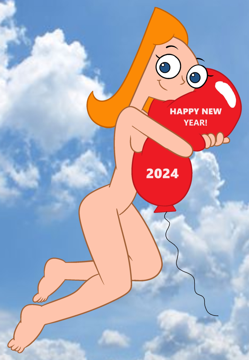 2024 balloon barefeet barefoot blue_eyes candace_flynn closed_mouth clouds disney disney_channel feet floating flying happy_new_year new_year open_eyes orange_hair phineas_and_ferb red_balloon sky toes