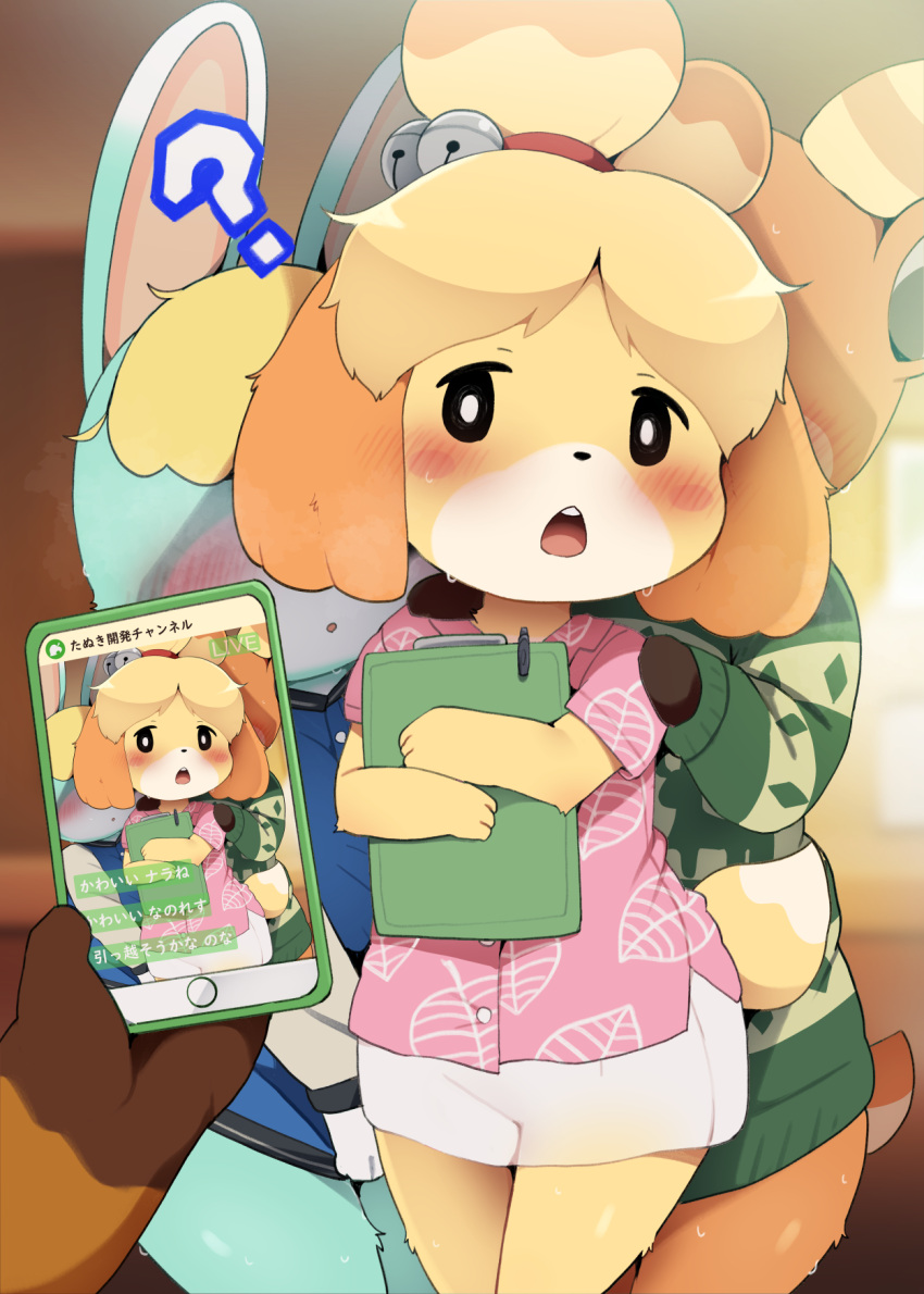 1girl animal_crossing anthro beau_(animal_crossing) biped blush canid canine canis clothed clothing dagasi deer domestic_dog fur group isabelle_(animal_crossing) lagomorph leporid male mammal nintendo open_mouth question_mark rabbit sasha_(animal_crossing) tom_nook_(animal_crossing) trio yellow_body yellow_fur