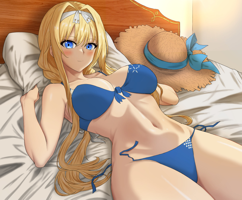 1girl 1girl absurd_res alice_schuberg alluring bare_legs big_breasts bikini blonde_hair blue_bikini blue_eyes blush braid braided_ponytail breasts closed_mouth hair_between_eyes hair_intakes hairband hat high_res indoors long_hair looking_at_viewer lying navel on_back on_bed pillow pillow_grab sigure_yusyo smile straw_hat sun_hat swimsuit sword_art_online sword_art_online:_alicization untied_bikini white_hairband